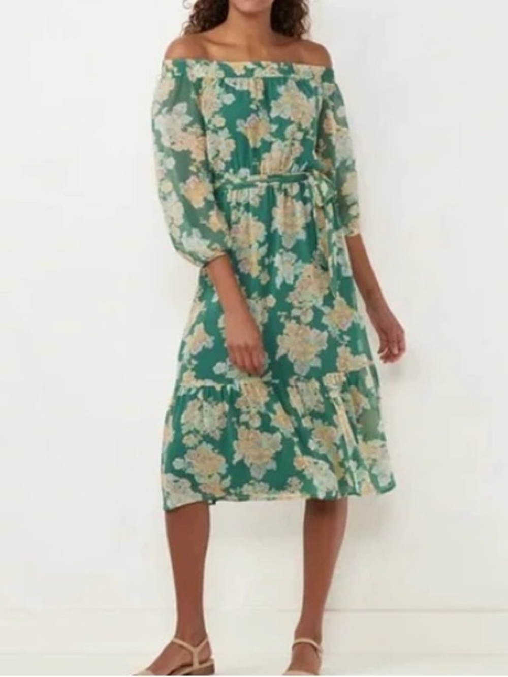LC Lauren Conrad Teal Floral Off-the-Shoulder Midi Dress